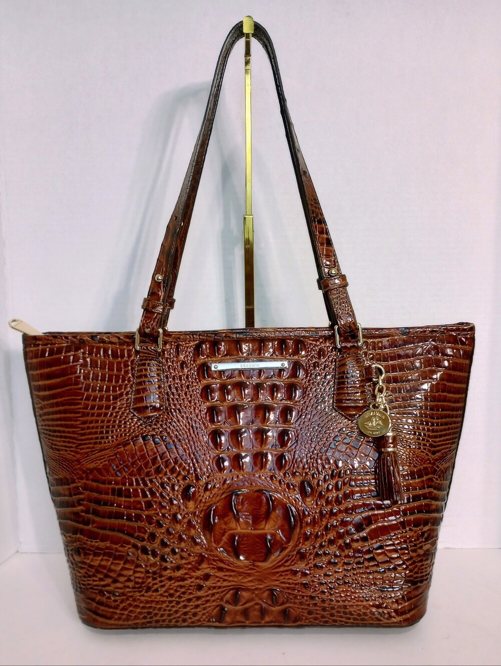 Brahmin Pecan Melbourne Medium Asher Crocodile Embossed Leather Tote Bag